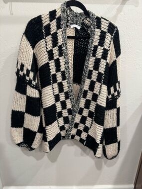Open-Front Checkerboard Sweater Cardigan in Black and Cream